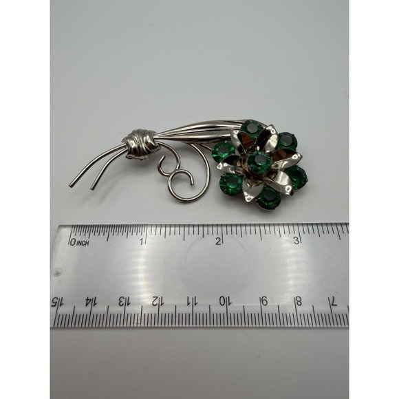 Vintage Sterling Silver Emerald Green Rhinestone Flower Floral Brooch Pin 2.75in - Picture 3 of 5